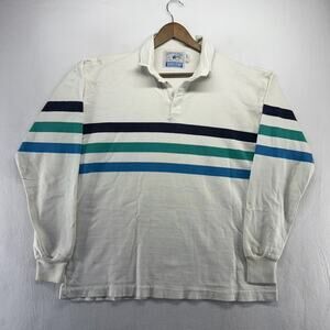 Vintage Lands End Rugby Shirt Mens XL White Blue Colorblock Striped USA Made 90s